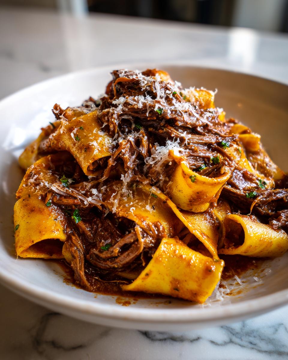 Close-up of wide pappardelle pasta coated in rich beef ragu, topped with grated Parmesan cheese.