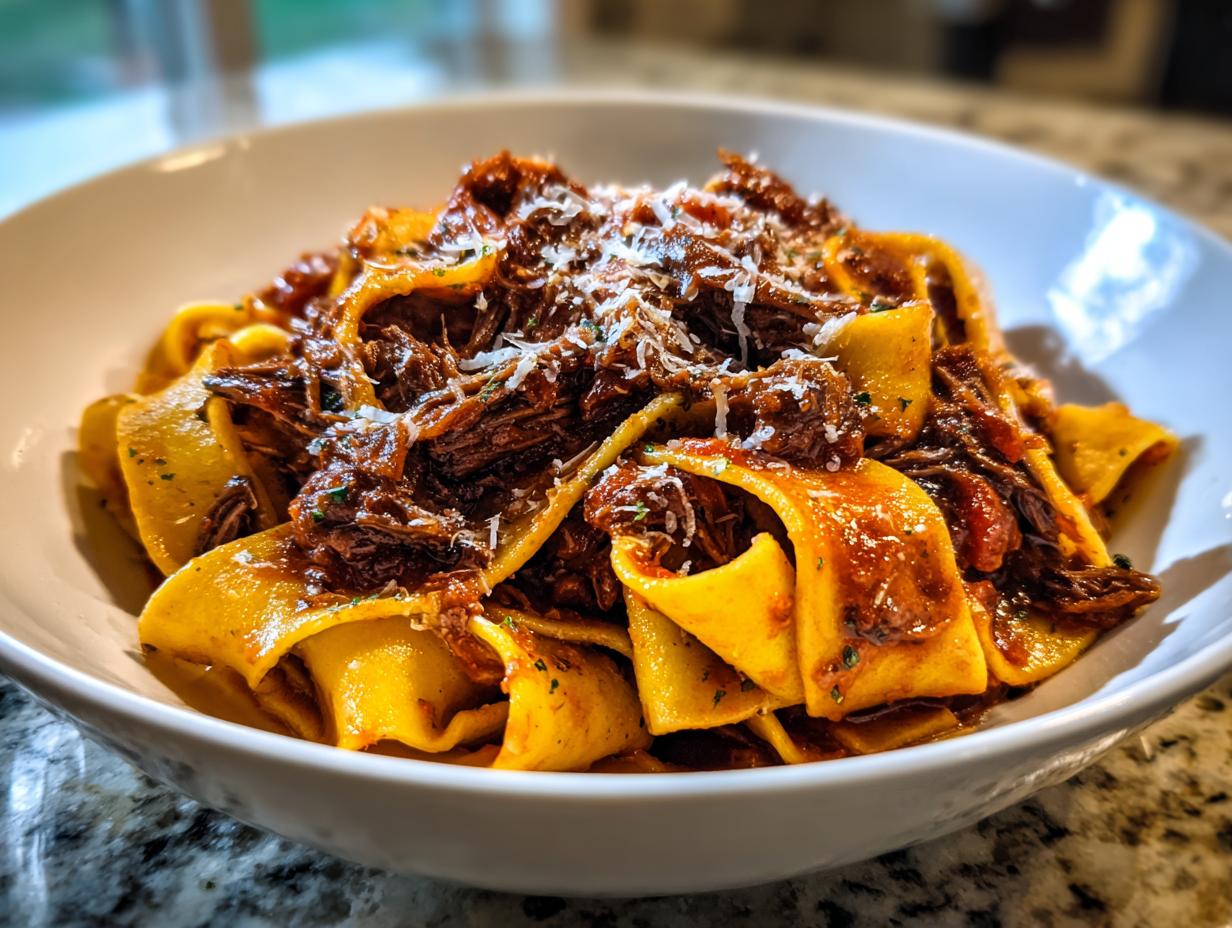 A close-up of a bowl filled with wide pappardelle pasta topped generously with rich, shredded beef ragu and grated Parmesan cheese.