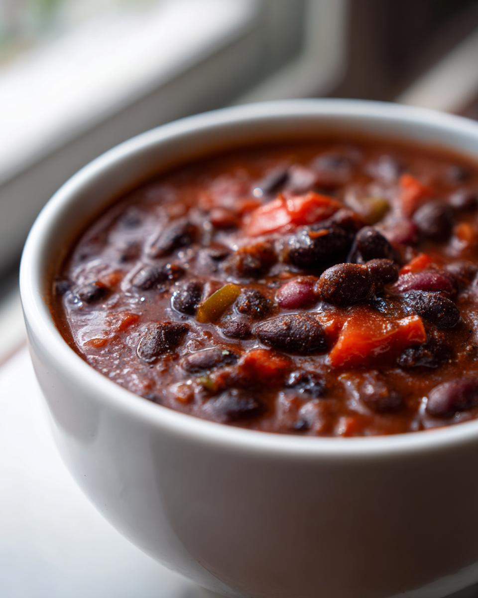 A close-up, appetizing view of thick, rich black bean chili served in a white bowl.