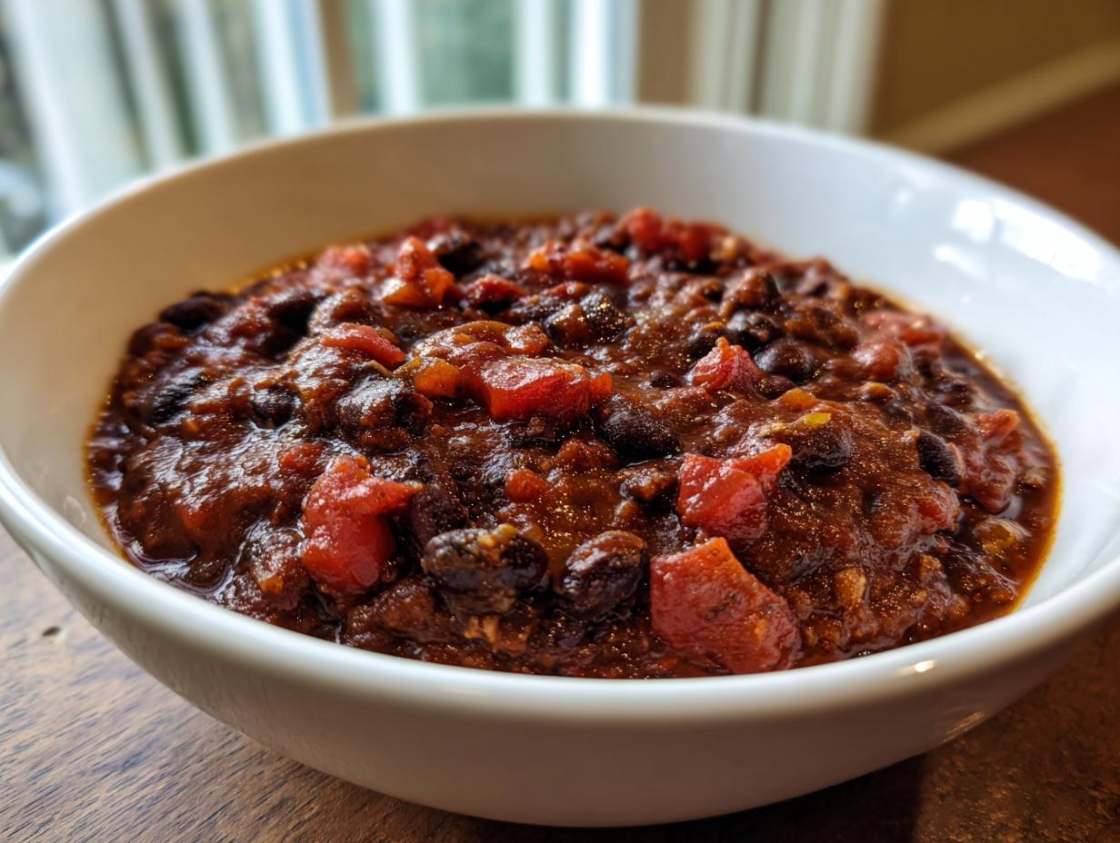 Close-up of a hearty bowl of rich, dark black bean chili with visible chunks of tomato.