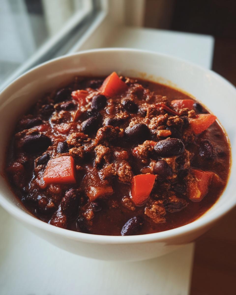 Close-up of a rich, dark red bowl of black bean chili with ground meat and chunks of red pepper.