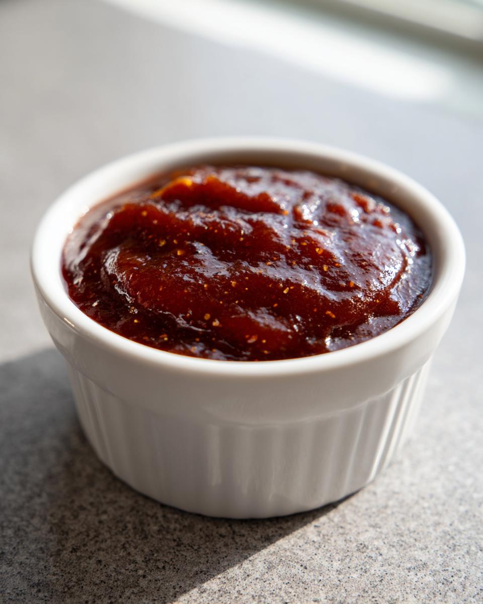 Close-up of thick, dark, homemade bbq sauce served in a small white fluted ramekin.