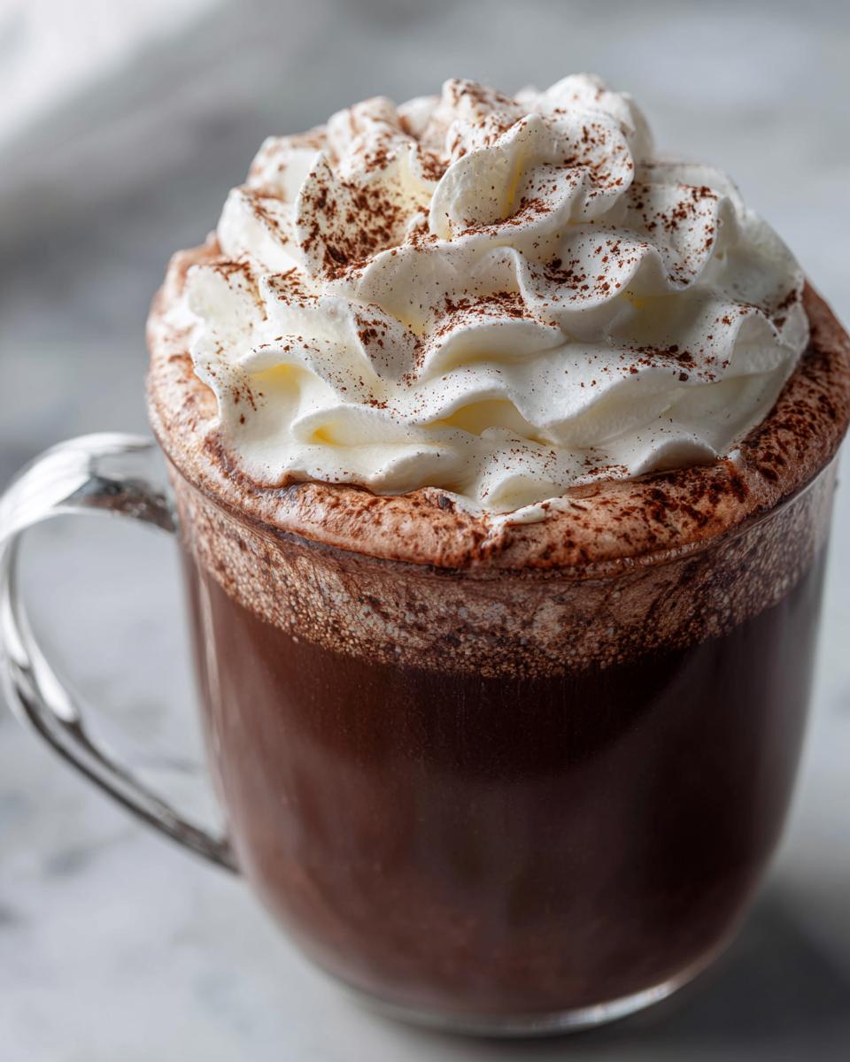 Close-up of a rich, dark hot chocolate topped with a generous swirl of whipped cream and dusted with cocoa powder.