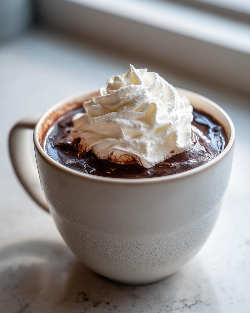 Close-up of a mug filled with rich, dark hot chocolate topped generously with whipped cream.
