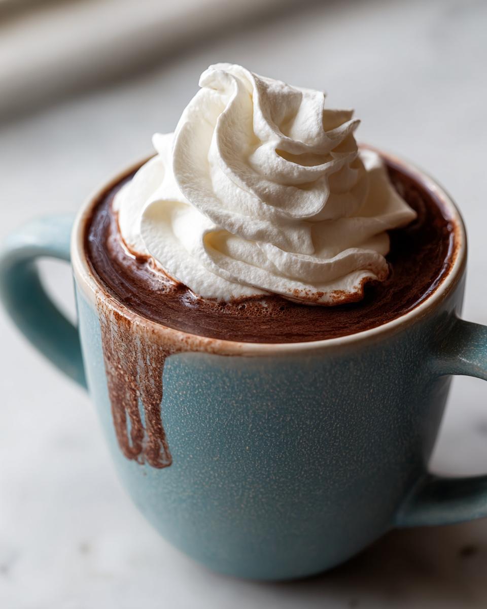Close-up of a mug filled with rich hot chocolate topped with a swirl of fresh whipped cream.