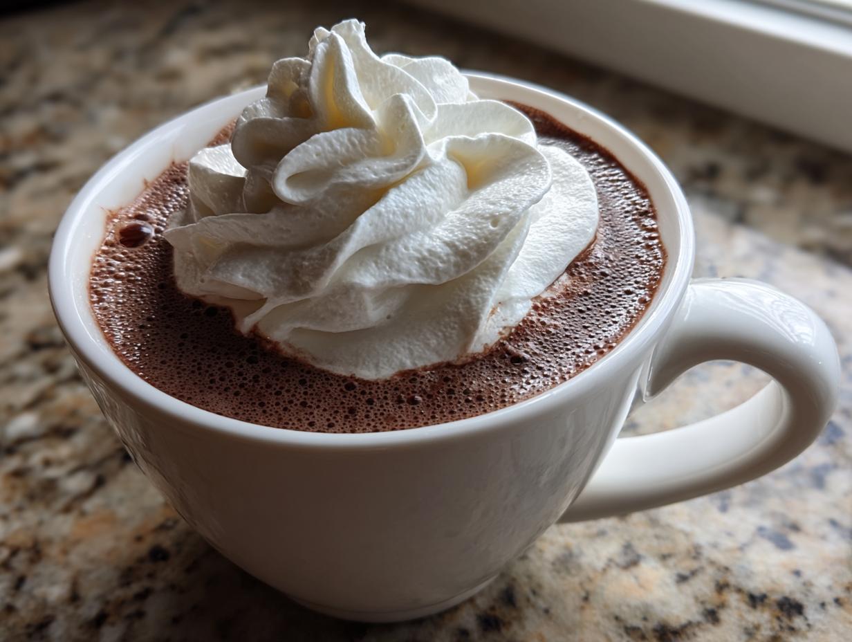 Close-up of a mug filled with rich, dark hot chocolate topped generously with whipped cream.