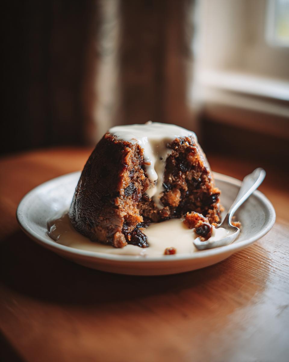 A rich, dark plum pudding cut open and served with a generous pour of creamy sauce on a small plate.