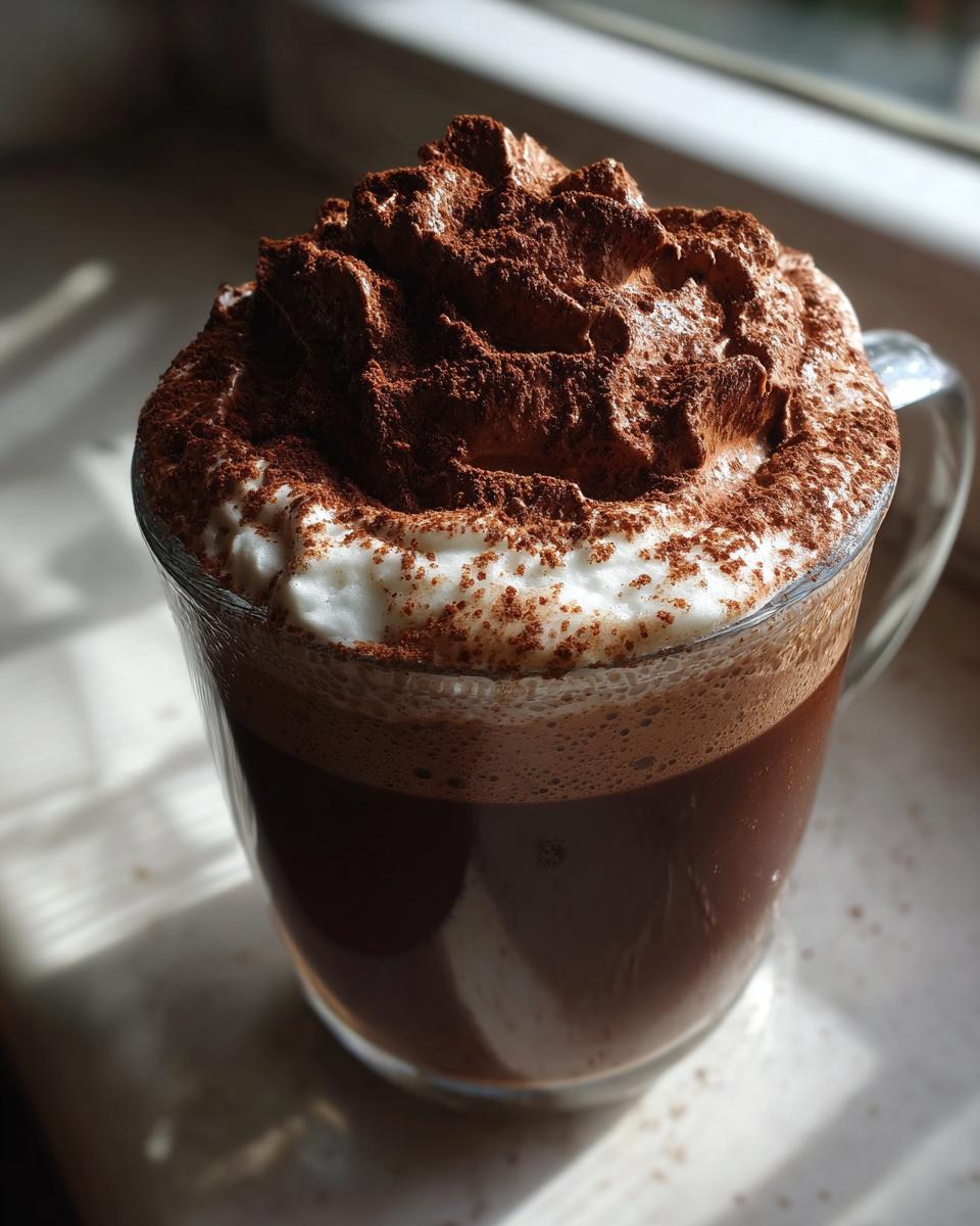 A clear glass mug filled with rich, dark whipped hot chocolate topped high with fluffy whipped cream and dusted heavily with cocoa powder.