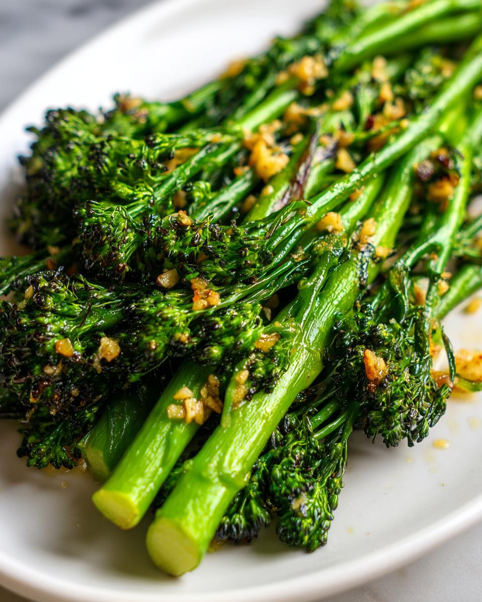 Close-up of bright green roasted broccolini stalks seasoned with minced garlic served on a white plate.