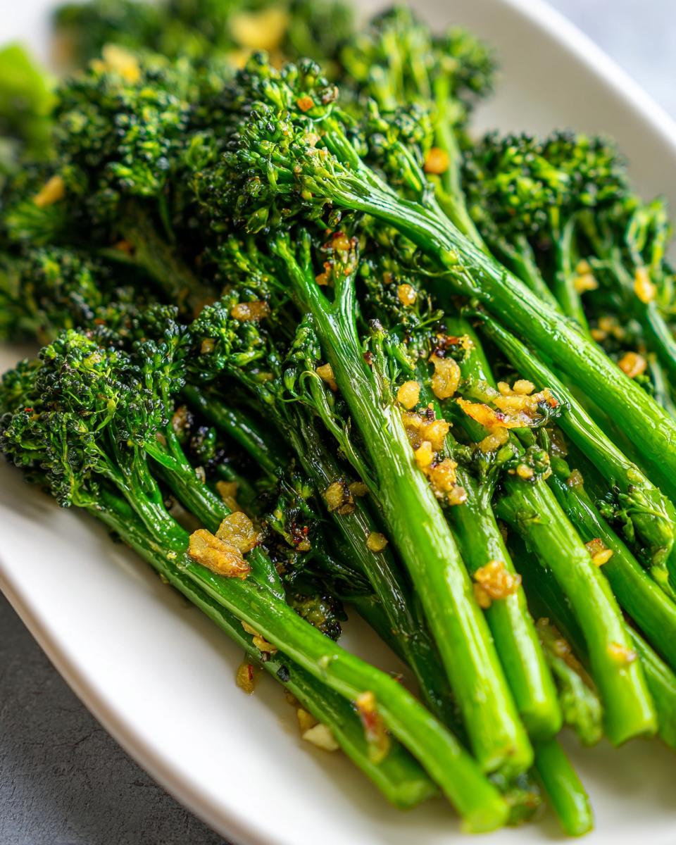 Close-up of bright green roasted broccolini spears seasoned with crispy garlic bits on a white platter.