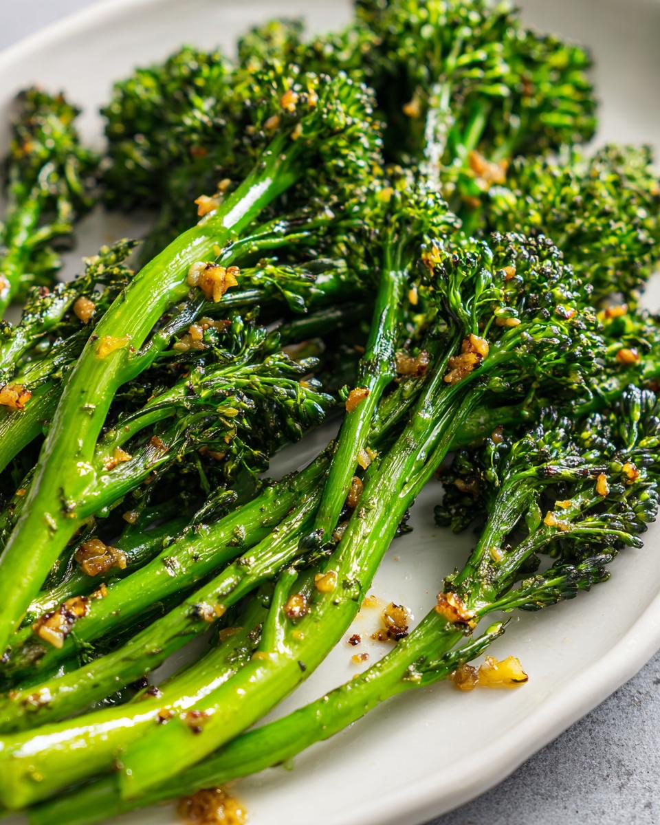 Close-up of bright green roasted broccolini stalks seasoned with visible bits of browned garlic.