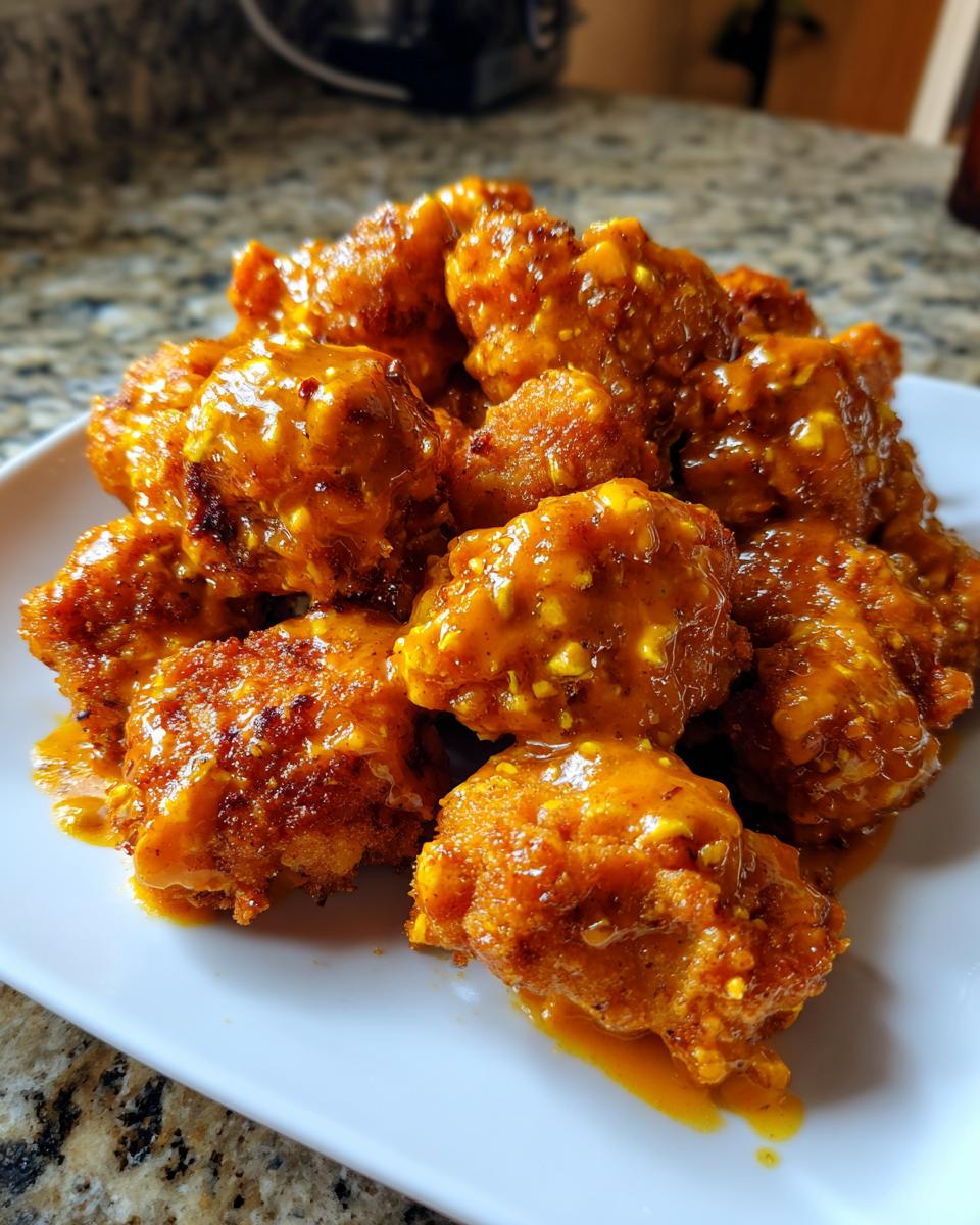 Close-up of crispy chicken pieces coated in a thick, orange, spicy bang bang chicken sauce.