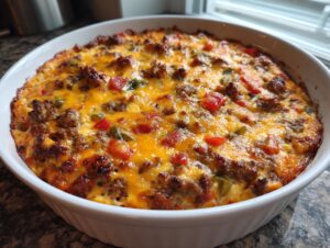 A close-up of a baked sausage cream cheese dip topped with melted cheddar cheese and diced peppers in a white ceramic dish.