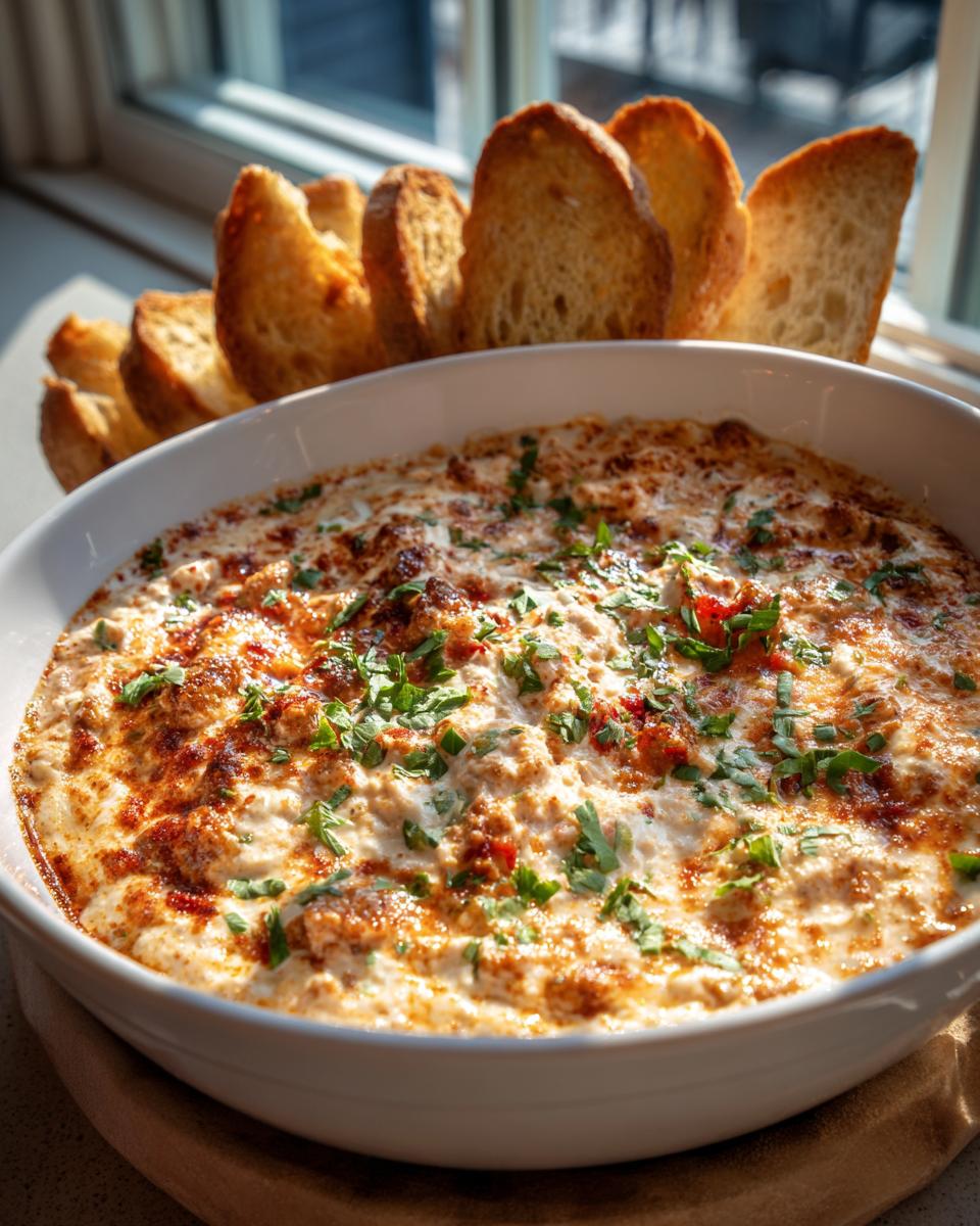 A warm, baked sausage cream cheese dip topped with herbs, served in a white bowl with toasted bread slices.