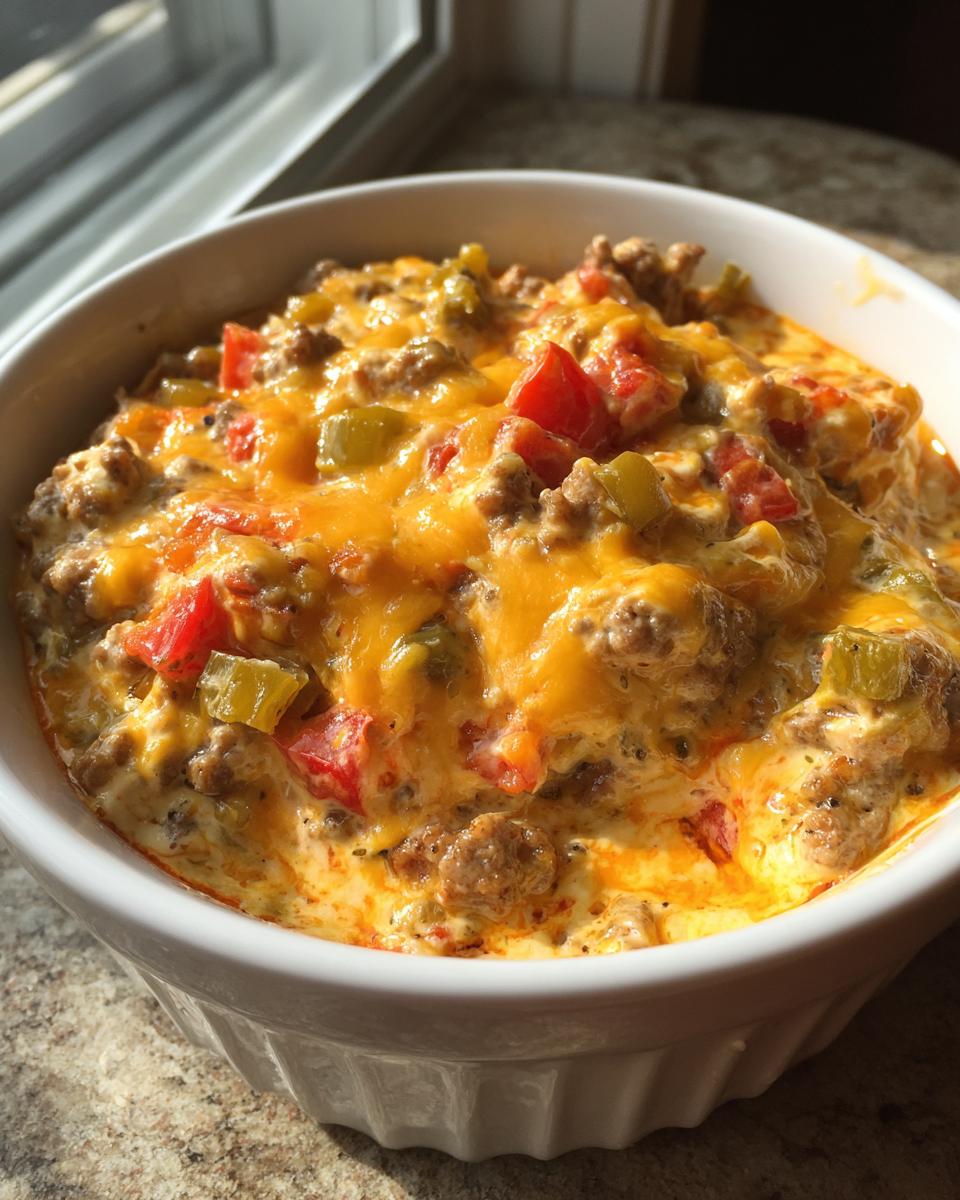 Close-up of a hot, bubbling sausage cream cheese dip topped with melted cheddar cheese and diced peppers.
