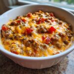 Close-up of hot sausage cream cheese dip topped with melted cheddar cheese and diced tomatoes in a white bowl.