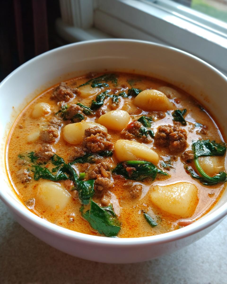 Close-up of a white bowl filled with creamy sausage gnocchi soup featuring browned sausage crumbles and wilted spinach.