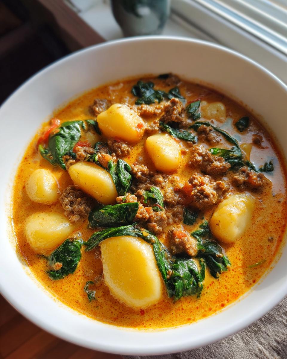 Close-up of a hearty bowl of sausage gnocchi soup featuring plump gnocchi, ground sausage, and wilted spinach in a creamy orange broth.