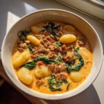 A close-up of a hearty bowl of sausage gnocchi soup with creamy broth, ground sausage, and wilted spinach.