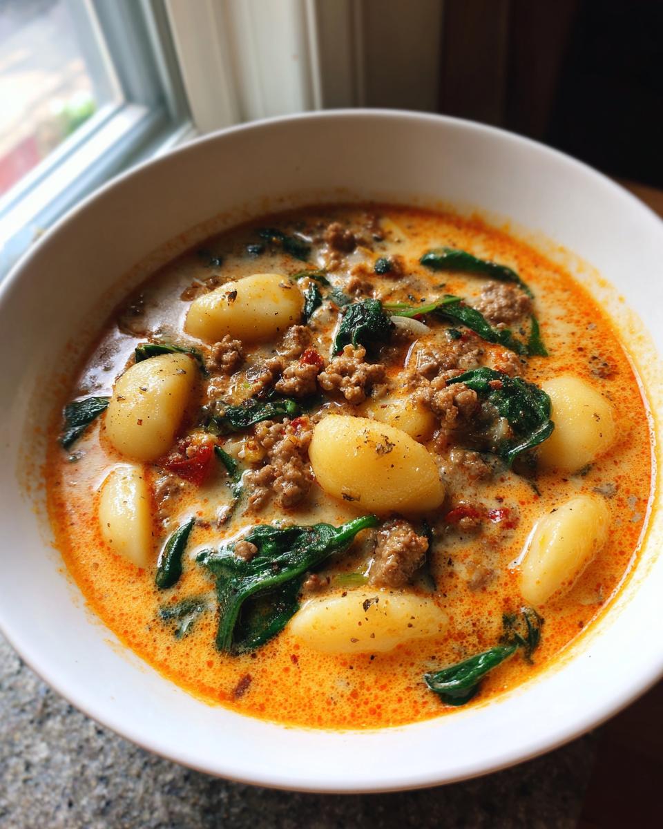 A close-up of a white bowl filled with creamy, orange-hued sausage gnocchi soup, featuring plump gnocchi and wilted spinach.