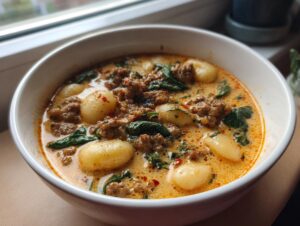 Close-up of a white bowl filled with creamy sausage gnocchi soup, featuring plump gnocchi and crumbled sausage.