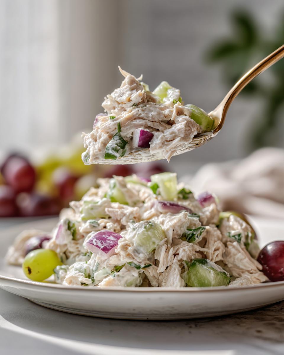 A golden spoon lifting a scoop of creamy greek yogurt chicken salad mixed with celery and red onion over a plate of the salad.