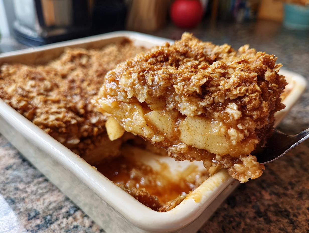 A spoonful of warm apple crisp being lifted from a baking dish, showing the gooey apple filling and crunchy oat topping.