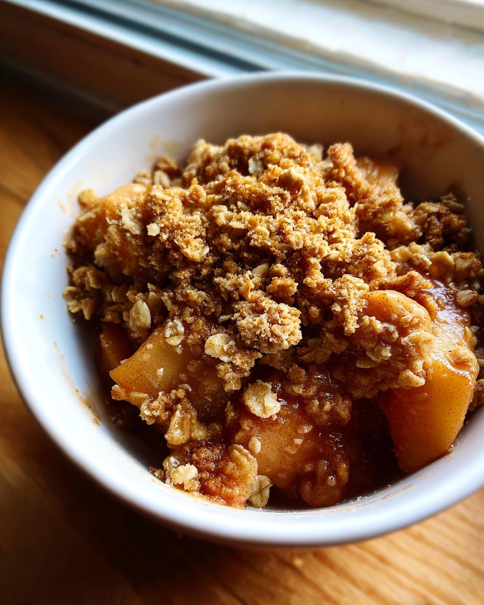 Close-up of a single serving of warm apple crisp recipe in a white bowl with a crunchy oat topping.