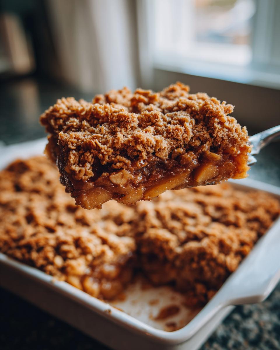 A close-up shot of a square portion of apple crisp being lifted out of a white baking dish.