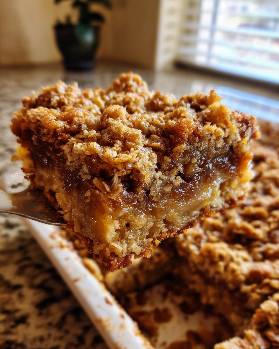 A close-up shot of a square piece of warm apple crisp being lifted from a baking dish with a fork.