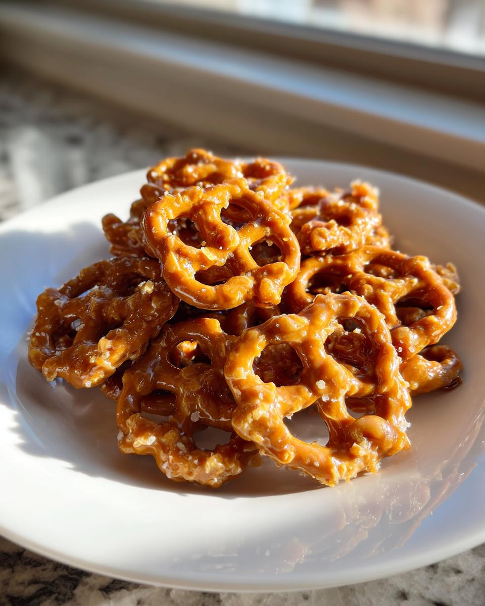 A close-up of a pile of shiny, caramel-coated toffee pretzels sprinkled with sea salt on a white plate.