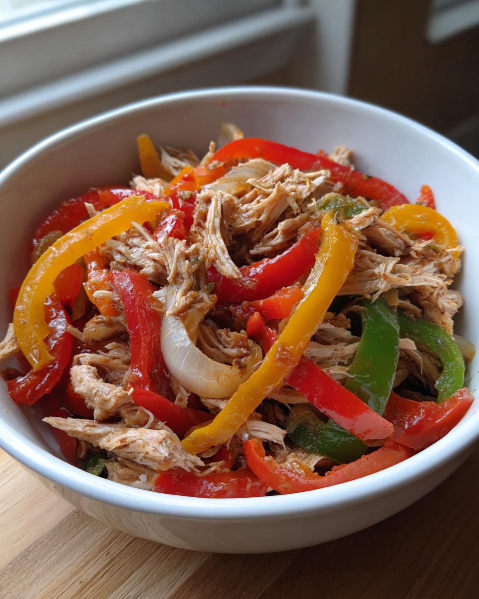 Close-up of shredded chicken mixed with colorful bell peppers and onions, ready for crockpot chicken fajitas.