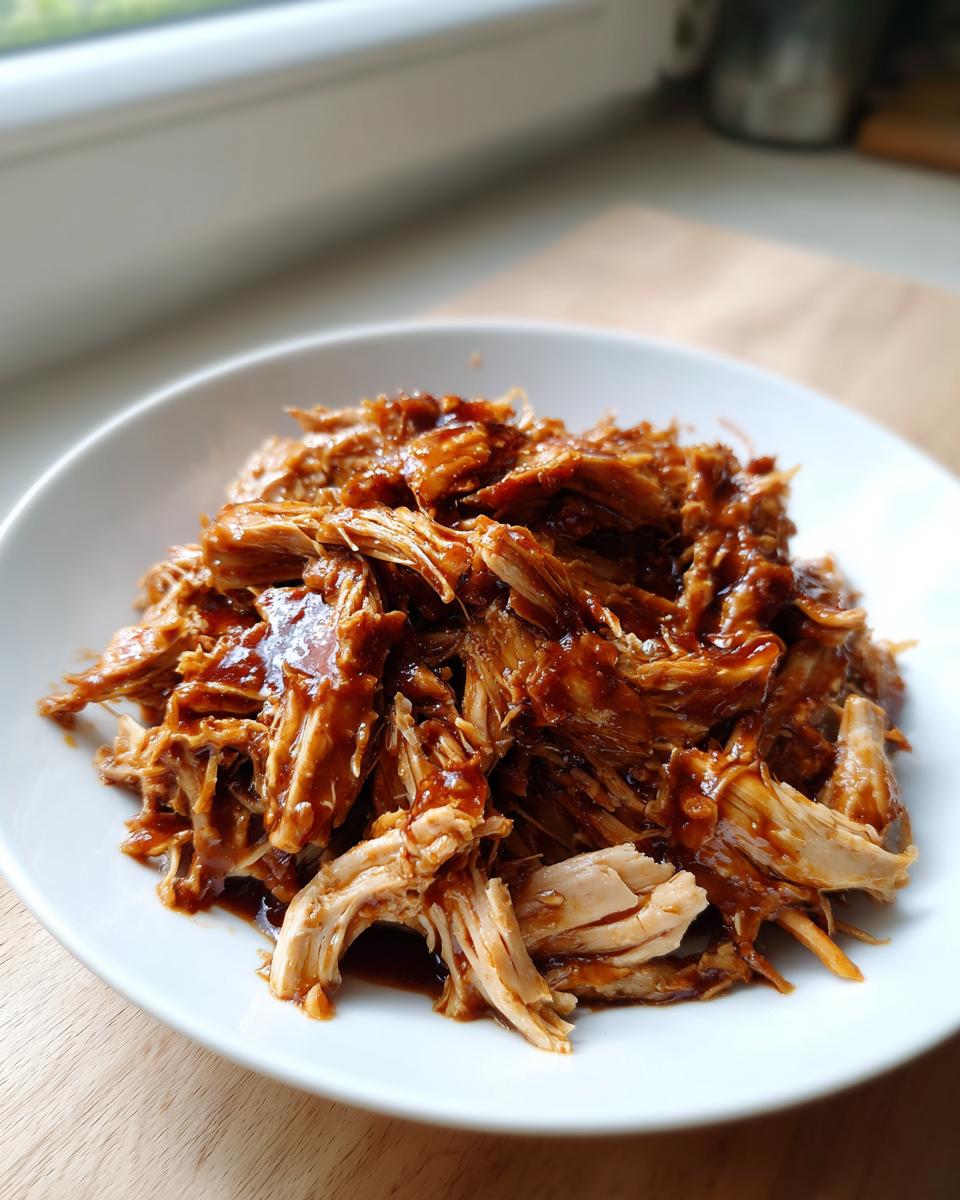 Close-up of shredded crockpot teriyaki chicken coated in glossy sauce served on a white plate.