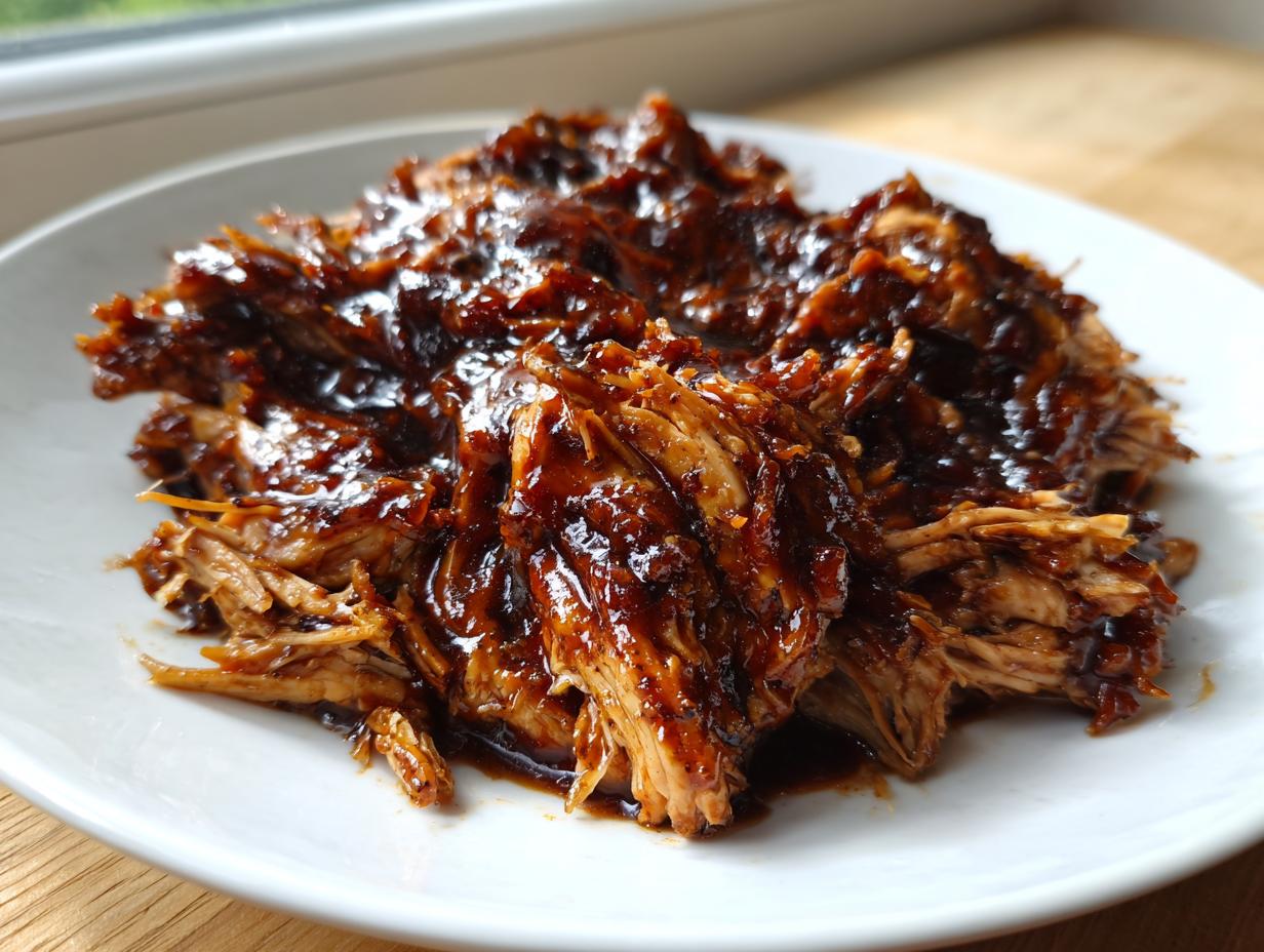 Close-up of shredded crockpot teriyaki chicken heavily coated in a thick, glossy dark teriyaki sauce.