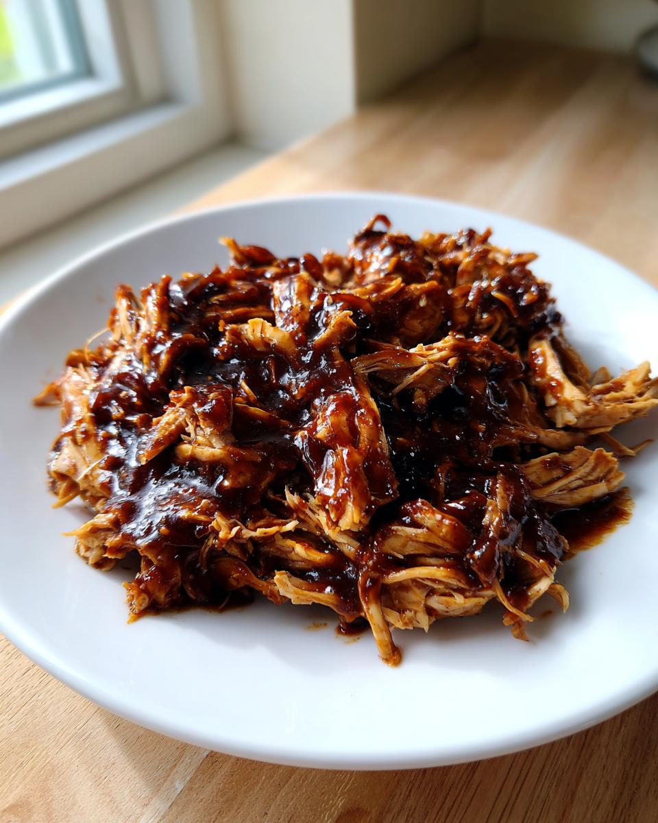 Close-up of shredded crockpot teriyaki chicken generously coated in a thick, dark teriyaki sauce, served on a white plate.