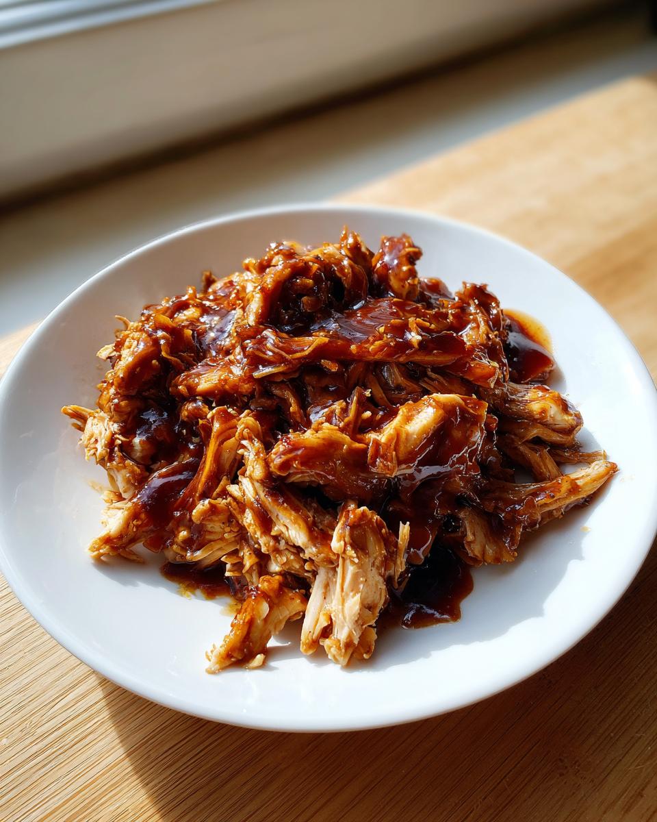 Close-up of shredded crockpot teriyaki chicken coated in glossy sauce served on a white plate.