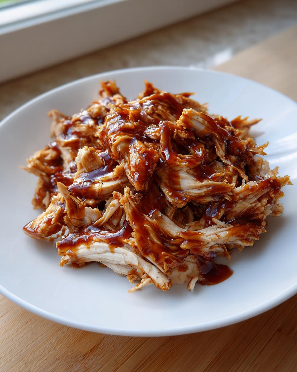 Shredded crockpot teriyaki chicken generously coated in a glossy brown sauce, served on a white plate.