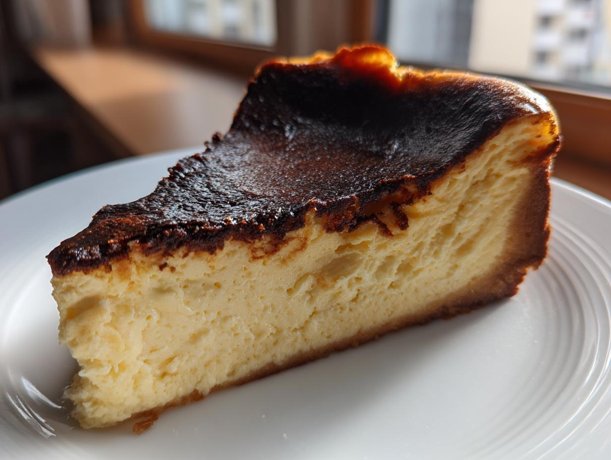 A close-up slice of creamy Basque burnt cheesecake showing the signature dark, caramelized top.