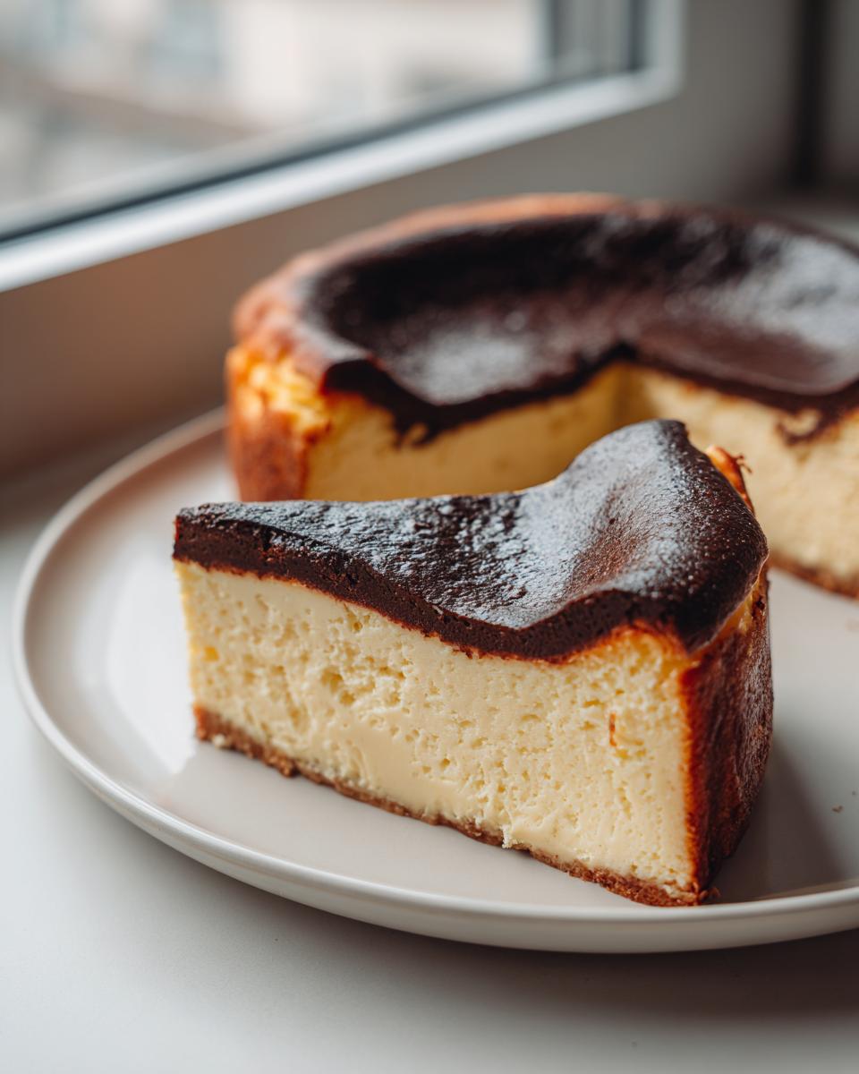 A creamy slice of Basque burnt cheesecake with a dark caramelized top, served on a plate.