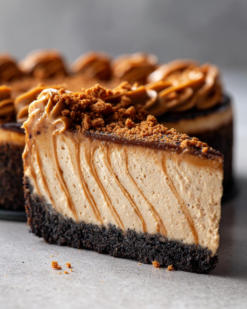 Close-up of a slice of creamy biscoff cheesecake with a dark crust and Biscoff crumbs on top.