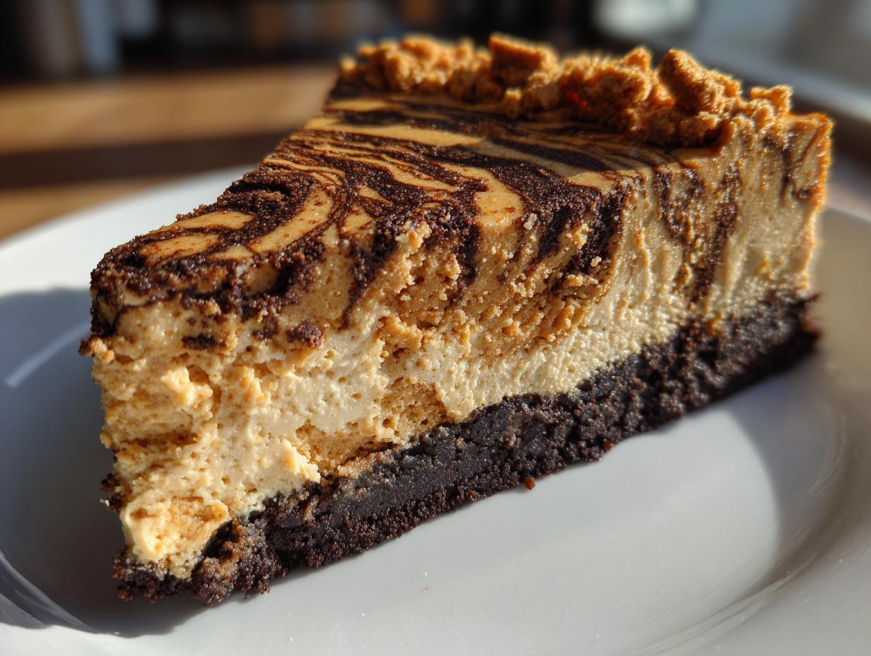 A close-up slice of rich biscoff cheesecake with a dark crust and marbled topping.