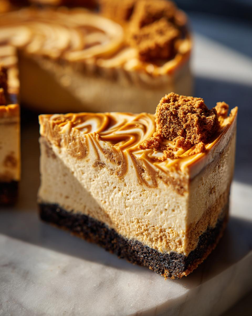 A perfect slice of creamy biscoff cheesecake featuring a dark crust, caramel swirl topping, and cookie crumble.