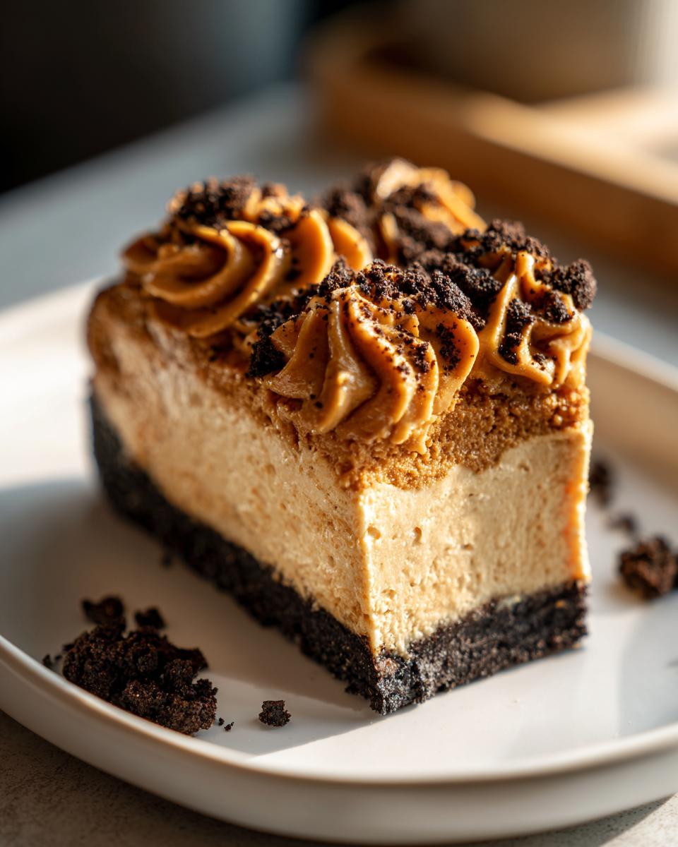 A close-up of a decadent slice of biscoff cheesecake with a dark crust and piped caramel-colored topping.