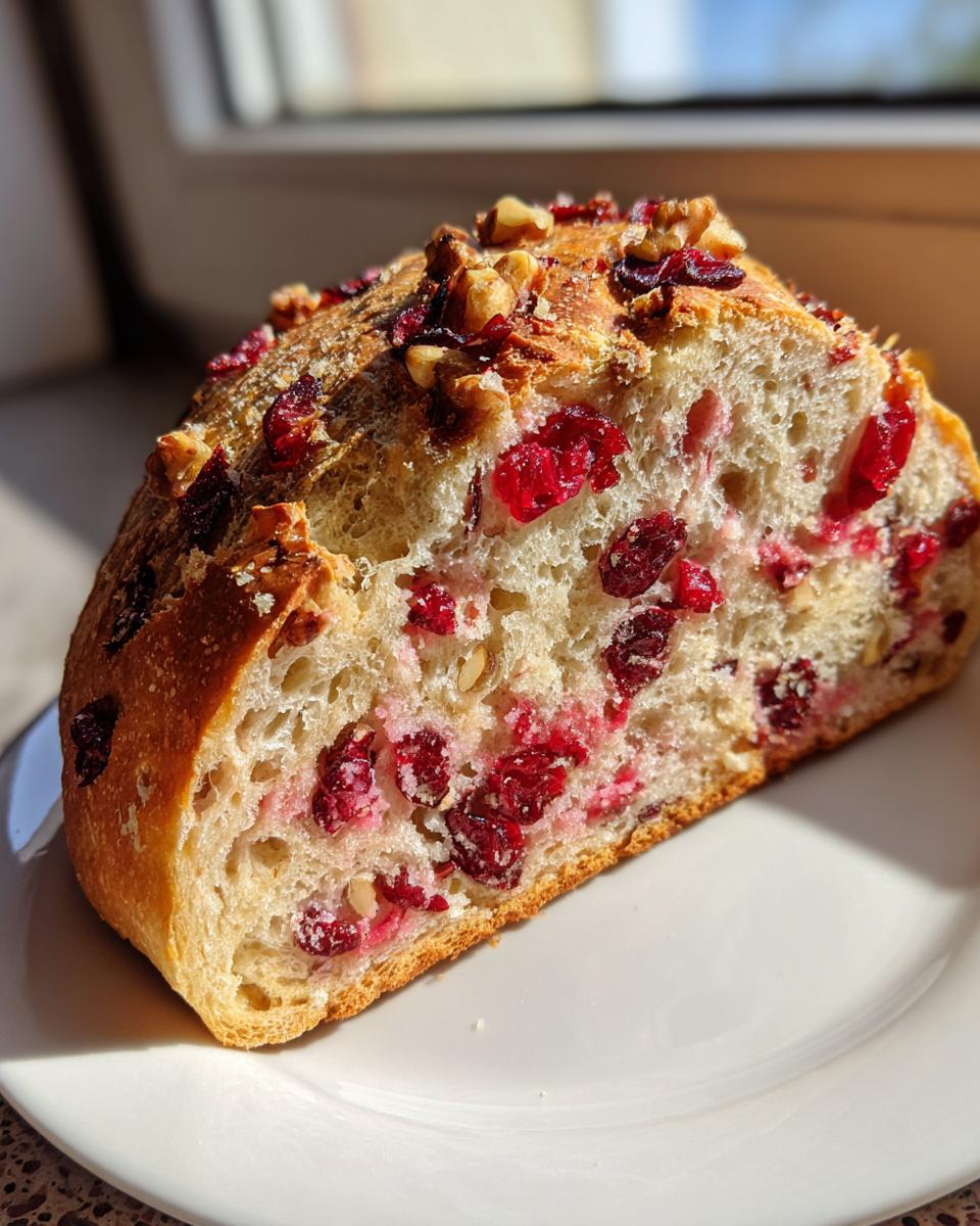 A thick slice of homemade cranberry walnut bread showing the soft interior filled with bright red cranberries and walnuts.