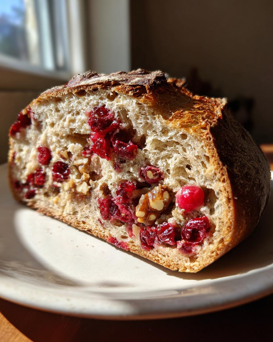 Cross-section of a homemade cranberry walnut bread slice showing bright red cranberries and walnuts embedded in the airy crumb.