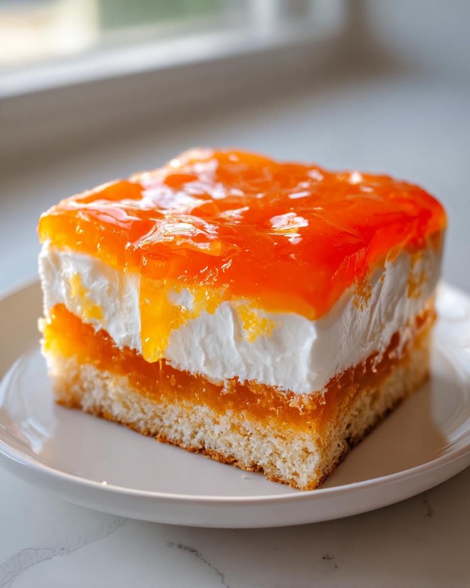 A square slice of Creamsicle Cake featuring a sponge base, orange filling, white cream layer, and bright orange glaze.