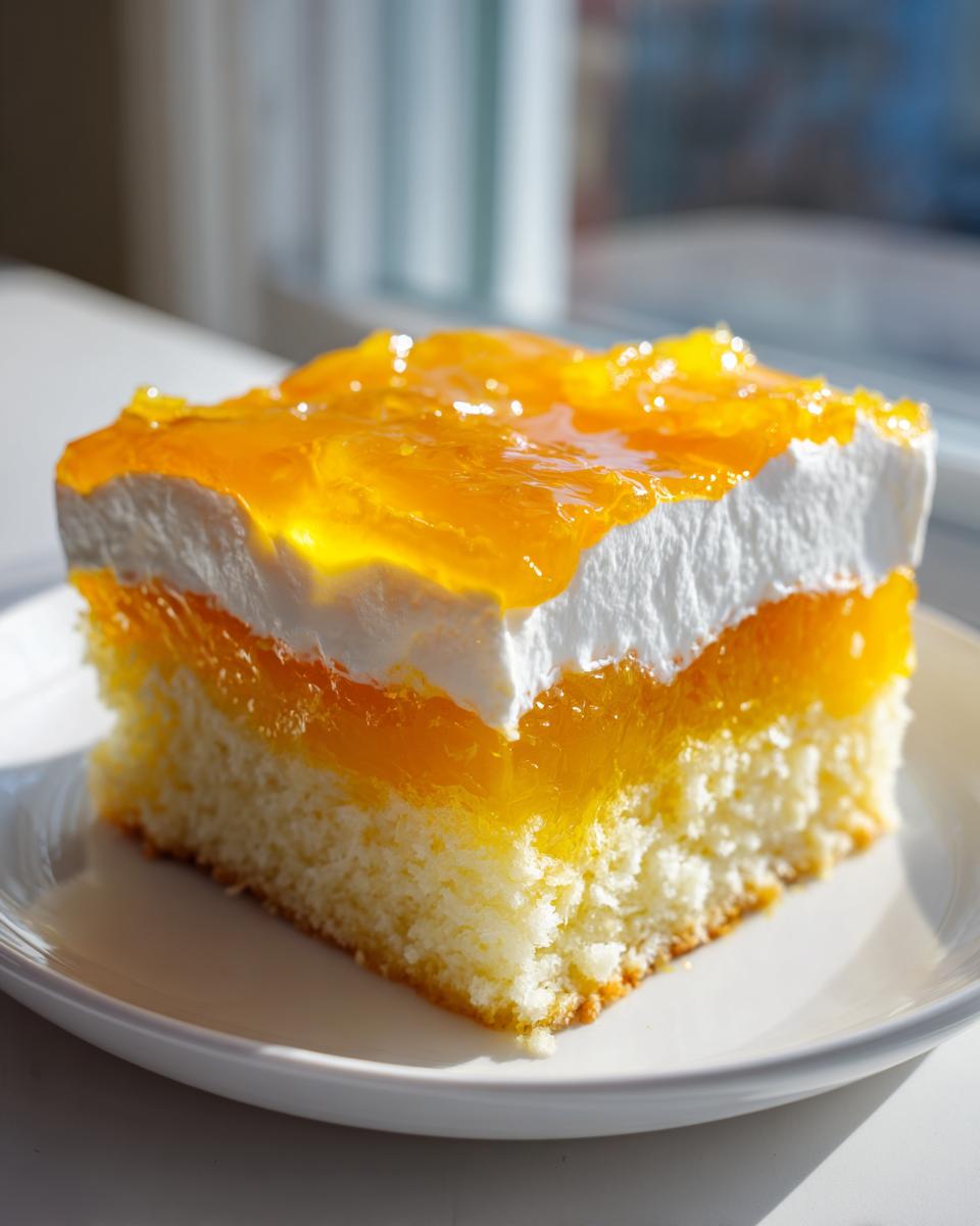 A square slice of light Creamsicle Cake featuring a fluffy white layer and a vibrant orange gelatin topping.