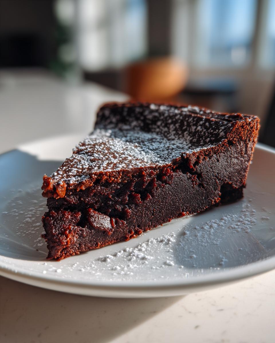 A decadent slice of flourless chocolate torte dusted with powdered sugar, served on a white plate.