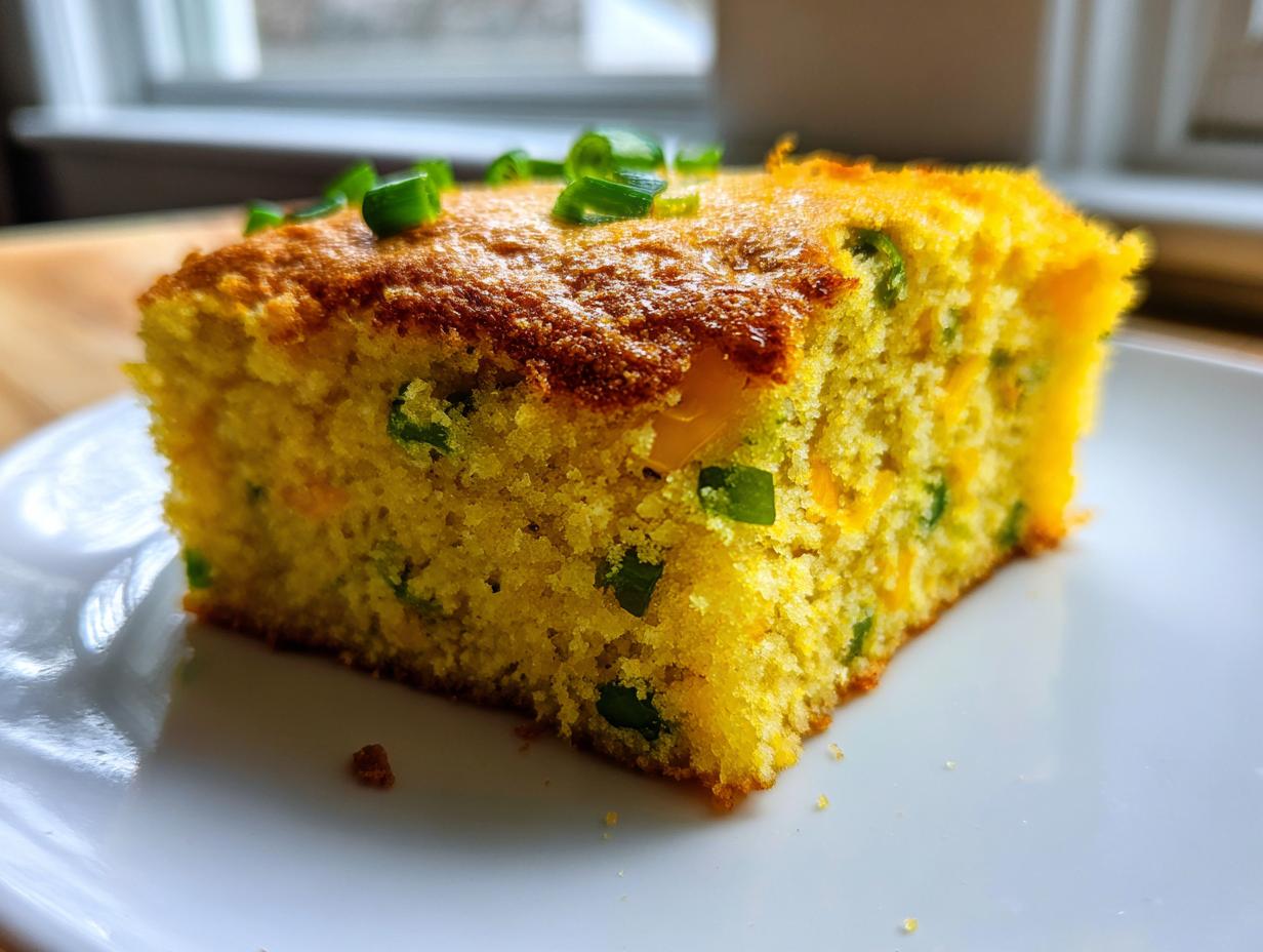 Close-up of a moist slice of Mexican cornbread studded with green peppers and topped with chopped green onions.