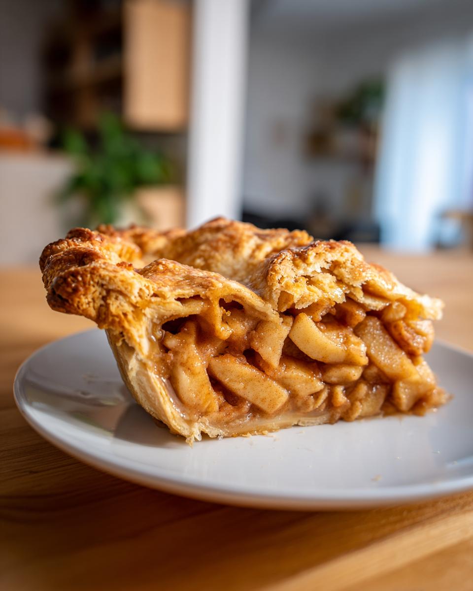 Close-up of a thick slice of apple pie showing a flaky, golden crust and rich, cinnamon-spiced apple filling.